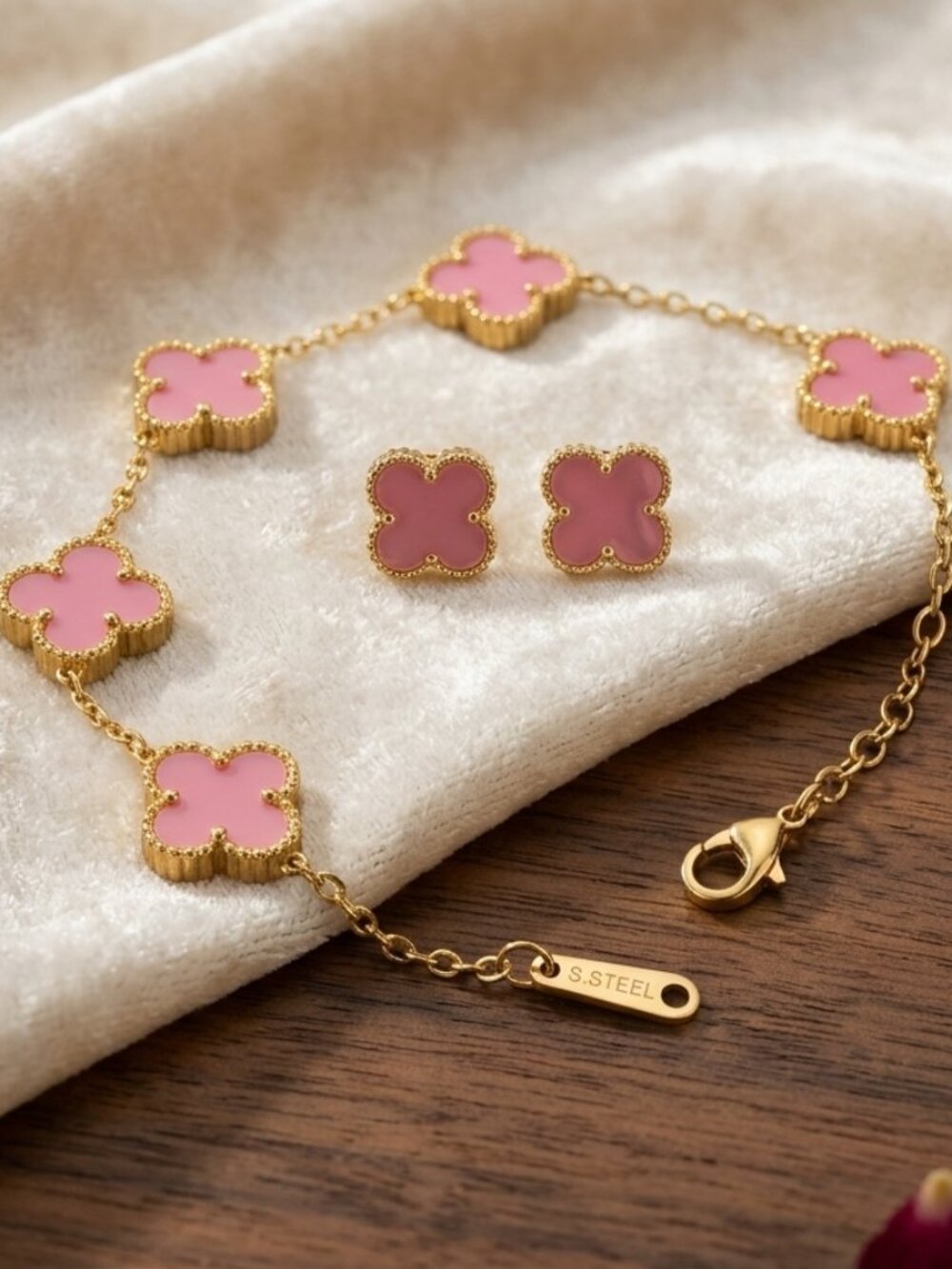 Clover Jewelry Set pink & gold (Bracelet & Earrings)